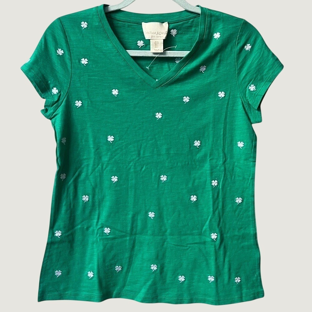 Cynthia Rowley Womens Green Shamrock Clover Embroidered V Neck Cotton Tee Small